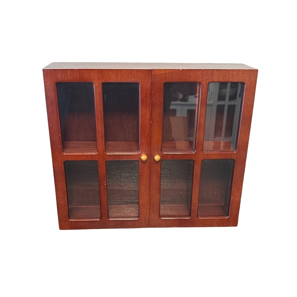 Vintage Wooden Curio Cabinet Glass Doors Removable Divider Wall Display Case